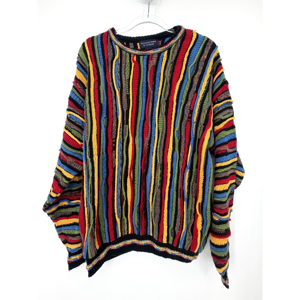 Vintage Roundtree & Yorke Coogi Style 3D Knit Sweater Mens L Multicolor Striped